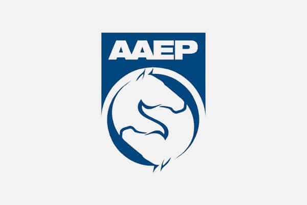 Blue and white logo featuring the letters "AAEP" above a circular design with the silhouettes of a horse's head and neck—ideal branding for a vet, pet clinic, or animal hospital.