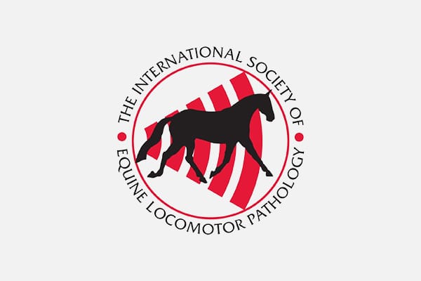 A logo with a silhouette of a horse inside a red-striped circle. The text around reads: "The International Society of Equine Locomotor Pathology," ideal for any veterinarian or animal hospital specializing in equine care.