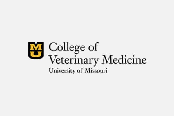 Logo for the University of Missouri College of Veterinary Medicine, featuring a bold yellow and black "MU" shield beside the college and university name, representing excellence in vet education and advancing animal hospital care.