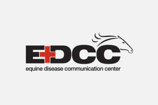 Logo for the Equine Disease Communication Center (EDCC), featuring the acronym “EDCC” with a red plus sign and an outline of a horse’s head above the letters—reflecting its vital role in vet and veterinarian communications.