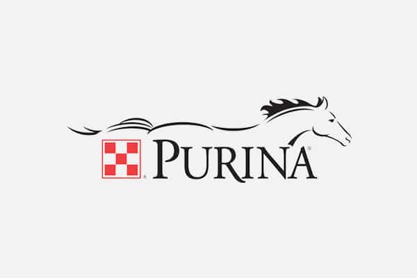 The Purina logo features a red and white checkerboard symbol, the word "PURINA" in bold black letters, and a stylized outline of a running horse above the text—an emblem trusted by many a pet clinic and animal hospital.