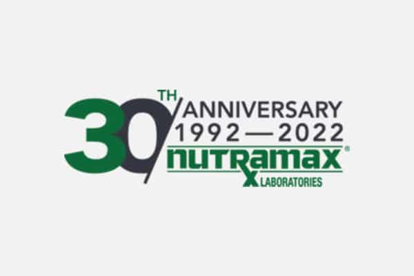 Logo for Nutramax Laboratories’ 30th anniversary, featuring "30th Anniversary 1992–2022" with the Nutramax logo below. Ideal for veterinarian or animal hospital settings, the design uses green and black text on a light gray background.