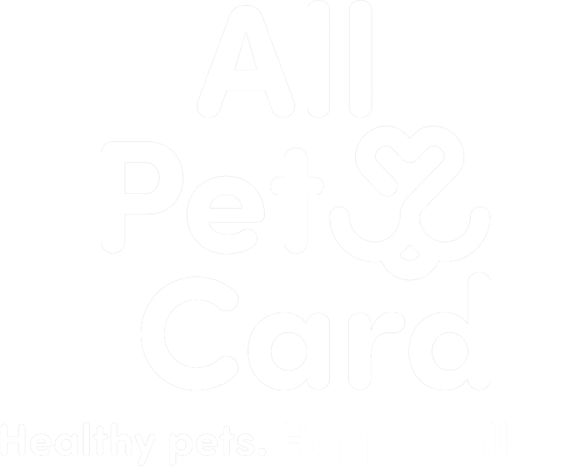 White text on a light background reads "All Pet Card" with a heart-shaped pet face in "Pet," plus the phrase "Healthy pets. Happy wallets." at the bottom—perfect for any Animal Hospital or Veterinarian's Pet Clinic.