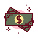 Illustration of two green dollar bills with a yellow dollar sign in the center, surrounded by small star-like sparkles—a perfect fit for a vet clinic or animal hospital on a light gray background.