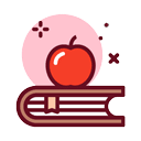 Illustration of a closed book with a bookmark and a red apple placed on top, perfect for a veterinarian or animal hospital setting. A pink circle and small decorative star shapes accent the background.