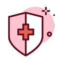 A shield icon with a red cross in the center, outlined in dark red, with a pink circle and decorative dots in the background, symbolizing health protection or medical safety at a pet clinic or veterinarian’s office.