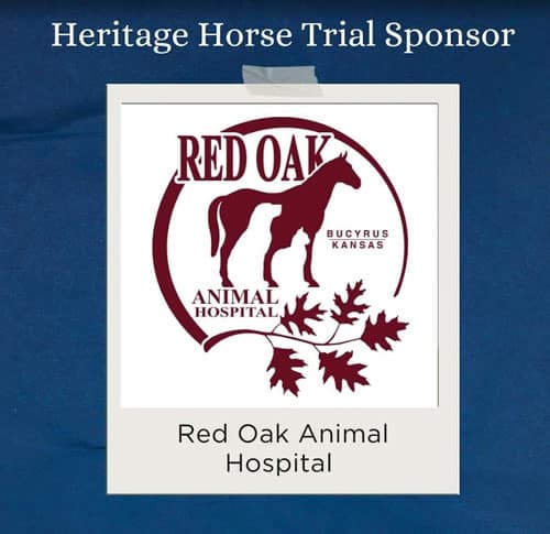 A sponsor graphic for the Heritage Horse Trial featuring the Red Oak Animal Hospital logo with a horse silhouette, oak leaves, and the text "Bucyrus Kansas.
