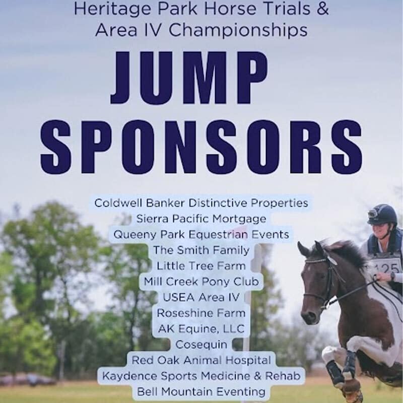A poster for Heritage Park Horse Trials & Area IV Championships lists jump sponsors, featuring a horseback rider on the right and blue sky in the background. Sponsor names are displayed in bold text below the event title.