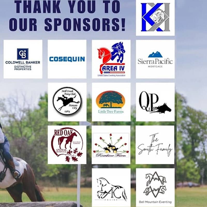 A "Thank You to Our Sponsors!" banner with twelve sponsor logos, including real estate, equestrian, farm, and mortgage businesses, displayed in a grid on a blurred outdoor background with a horse and rider partially visible.
