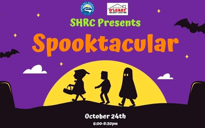 A Halloween event poster with silhouettes of three trick-or-treaters against a yellow moon, bats, and a purple sky. Text reads: "SHRC Presents Spooktacular, October 24th, 6:00-8:30pm.