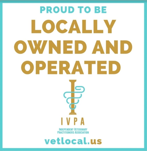 Square sign with blue border reading "Proud to be locally owned and operated," featuring the IVPA logo and website vetlocal.us at the bottom.