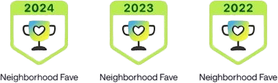 Three badges labeled "Neighborhood Fave" for 2024, 2023, and 2022, each featuring a trophy icon with a heart in the center, on a green-shaded background—perfect for celebrating your favorite vet or animal hospital.