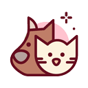 Simple illustration of a brown dog and a cream-colored cat side by side, both smiling, with a pink circle and sparkles in the background—perfect for an Animal Hospital or any compassionate veterinarian's office.