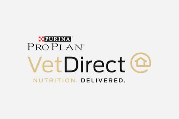 Purina Pro Plan Vet Direct logo with the tagline "Nutrition. Delivered." features a gold house symbol around the "@" character, emphasizing support for your veterinarian and animal hospital needs.