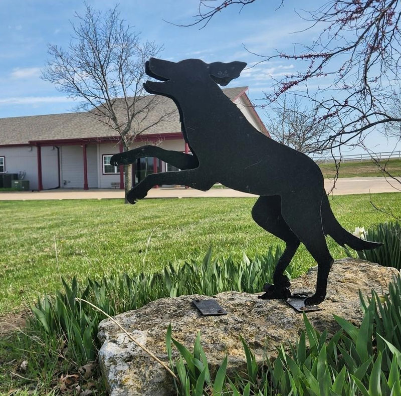 A black metal silhouette of a playful dog, perfect for any vet or pet clinic, is mounted on a rock in a grassy yard, with a house and leafless trees in the background under a blue sky.