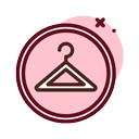 A simple brown hanger icon inside a double-lined circle with a pink background and two small decorative dots in the upper right corner, perfect for a vet or pet clinic branding.