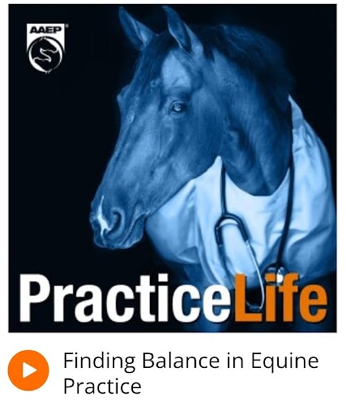 A horse wearing a stethoscope is shown above the words "Practice Life." The AAEP logo is in the top left corner. Below, text reads "Finding Balance in Equine Practice" next to an orange play button.