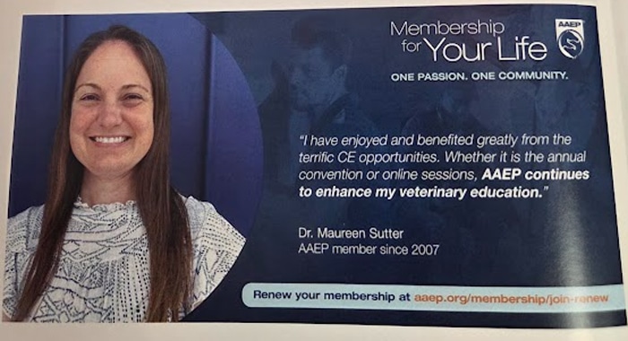 A woman smiling stands next to text promoting AAEP membership, featuring a quote from Dr. Maureen Sutter about the benefits of continuing education and encouraging membership renewal.