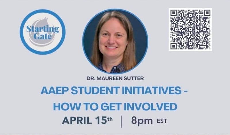 A promotional graphic for an event featuring Dr. Maureen Sutter, titled "AAEP Student Initiatives – How to Get Involved," scheduled for April 15th at 8pm EST. Includes a circular logo and QR code.