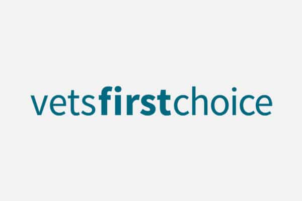 The image displays the logo for "vetsfirstchoice," with the word "first" in bold, dark teal text and the rest in regular teal, set on a light gray background—ideal branding for a Veterinarian or Pet Clinic.
