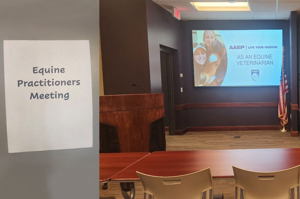 A sign reading "Equine Practitioners Meeting" is posted on a wall. In the background, a presentation screen displays "AAEP | Live Your Passion: As an Equine Veterinarian" in a conference room with empty chairs and tables.